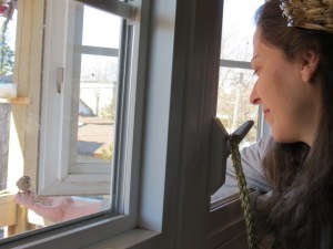 Cris with novel way of hand-feeding our Redpoll friends
